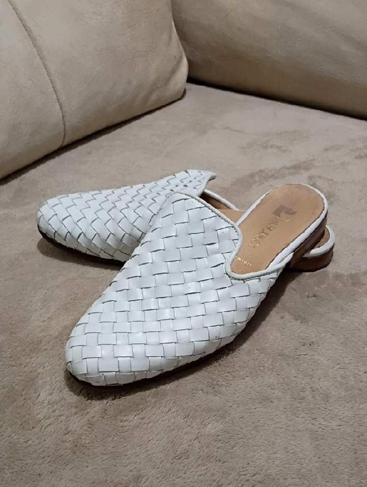 White Woven Leather Slip-On Mules - Women's